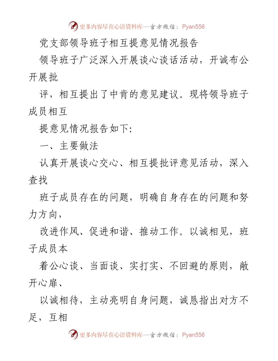 [工作总结] 党支部 - 领导班子相互提意见情况总结报告.docx_第1页