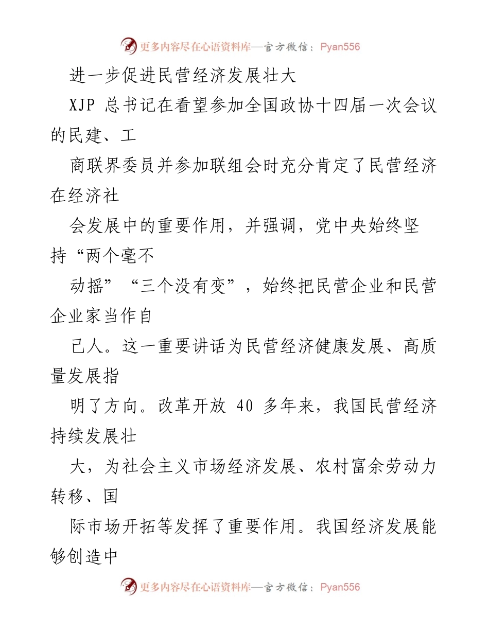 [工作总结] 全国政协会议 - 深入学习贯彻XJP总书记关于促进民营经济发展壮大的重要讲话精神.docx_第1页