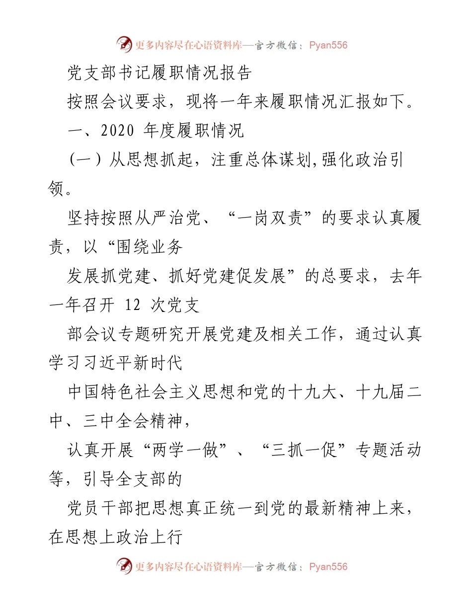 [工作总结] 党支部年度会议 - 党支部书记履职情况总结报告.docx_第1页