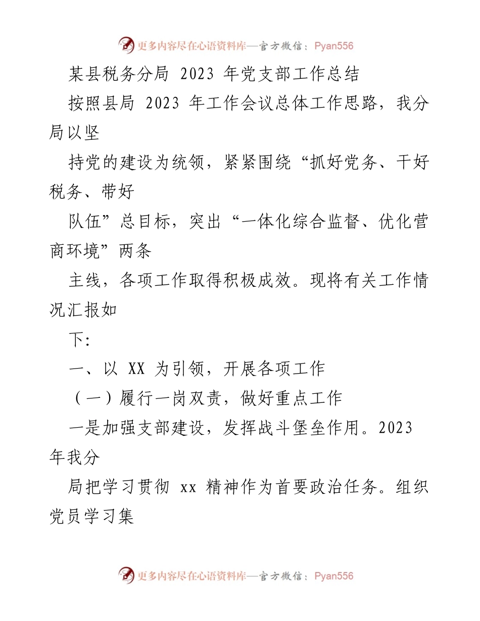 [工作总结] 党支部工作 - 2023年某县税务分局党支部工作总结.docx_第1页