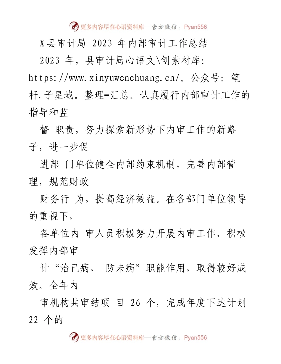 [工作总结] 内部审计 - 2023年X县审计局内部审计工作总结与成效分析.docx_第1页