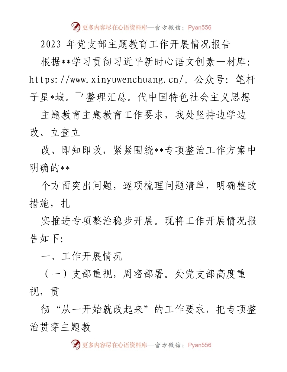 [工作总结] 党支部主题教育 - 2023年党支部主题教育工作开展情况报告.docx_第1页