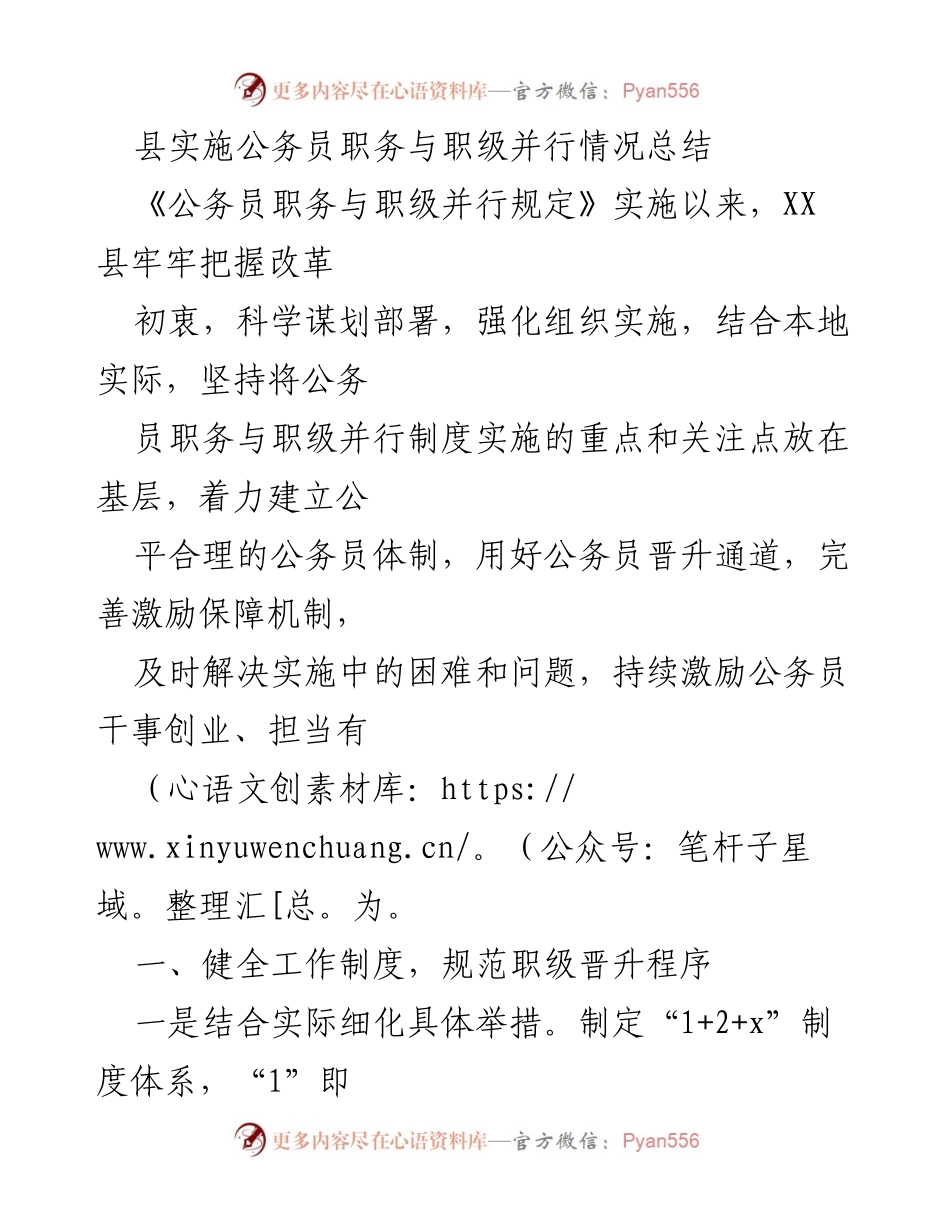 [工作总结] 公务员职务与职级并行实施 - XX县公务员职务与职级并行制度实施情况总结.docx_第1页