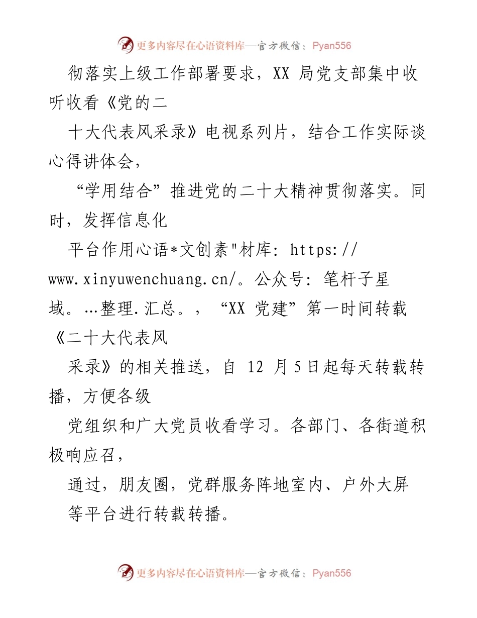 [工作总结] 党支部活动 - XX局党支部观看《二十大代表风采录》情况汇报.docx_第2页