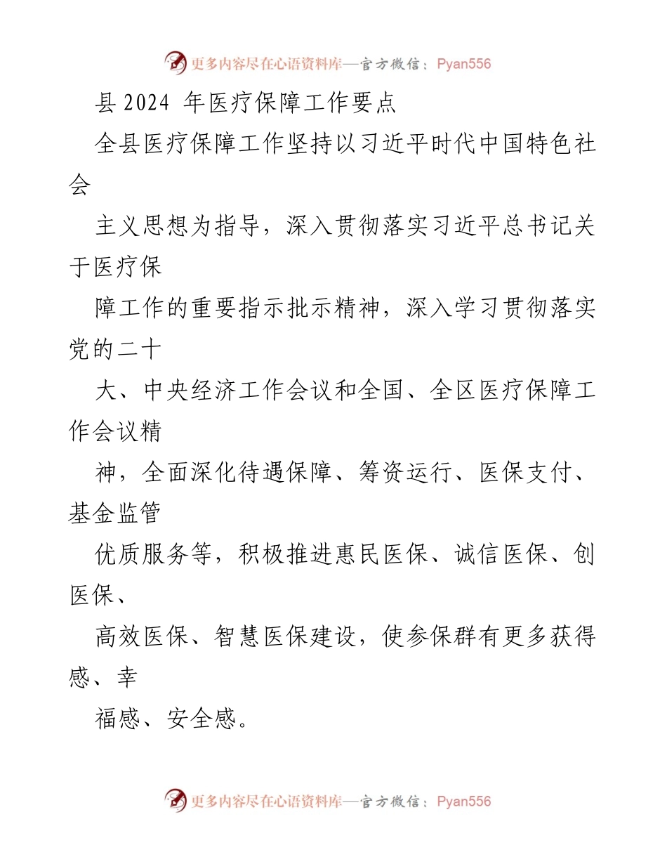 [工作总结] 医疗保障工作会议 - 2024年县医疗保障工作要点概述.docx_第1页