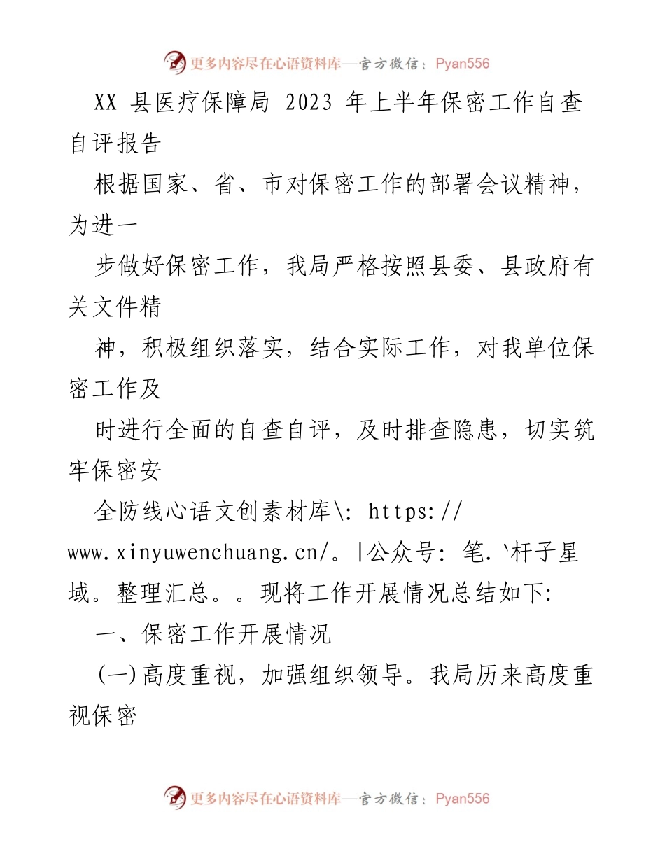 [工作总结] 医疗保障局 - 2023年上半年保密工作自查自评报告.docx_第1页