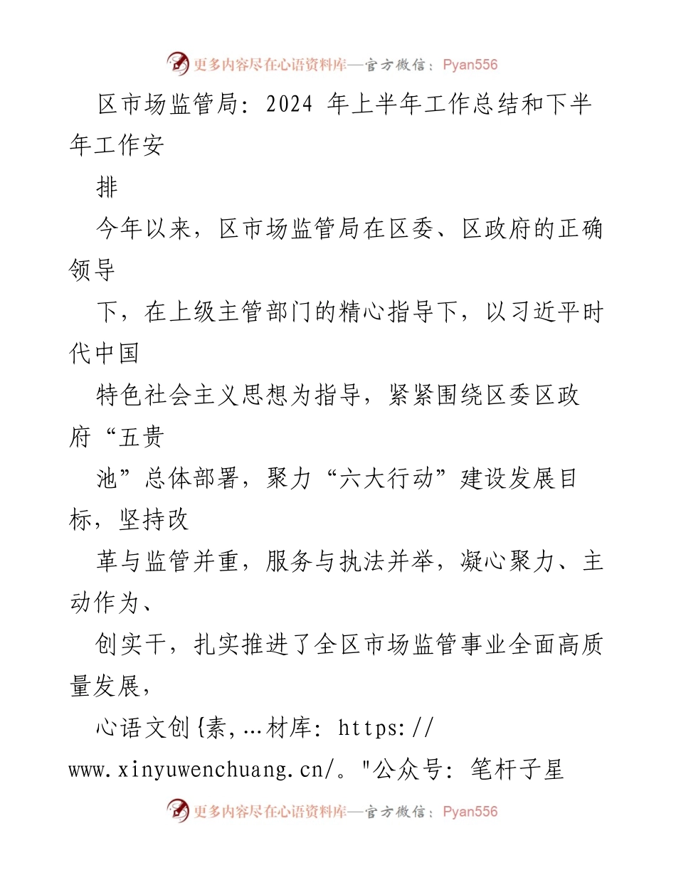 [工作总结] 区市场监管局 - 2024年上半年工作总结与下半年工作安排.docx_第1页