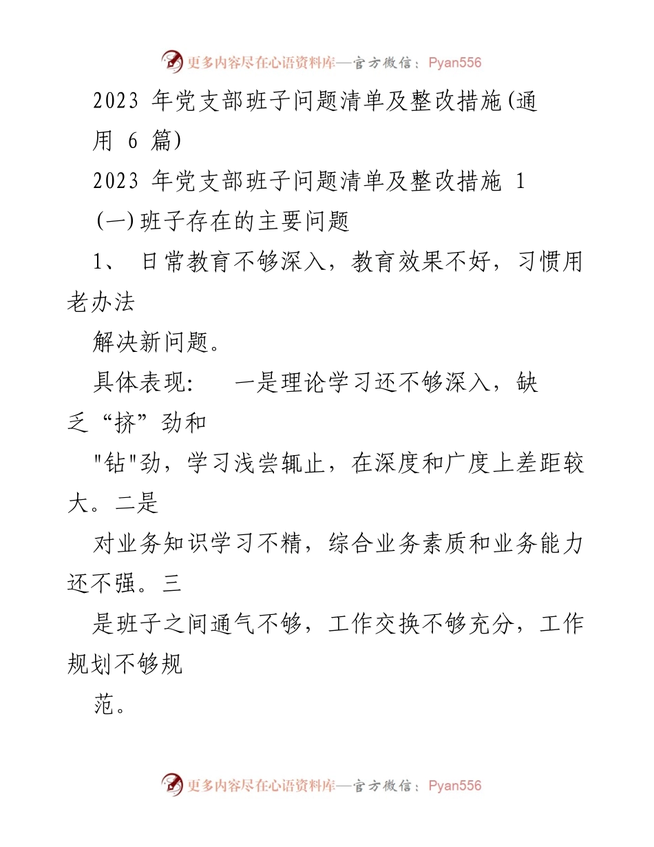 [工作总结] 党支部整改会议 - 2023年党支部班子问题清单及整改措施总结.docx_第1页