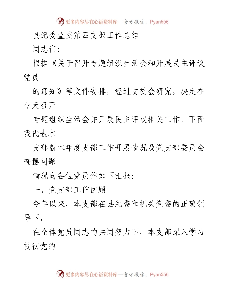[工作总结] 党支部年度总结 - 县纪委监委第四支部年度工作总结与民主评议汇报.docx_第1页