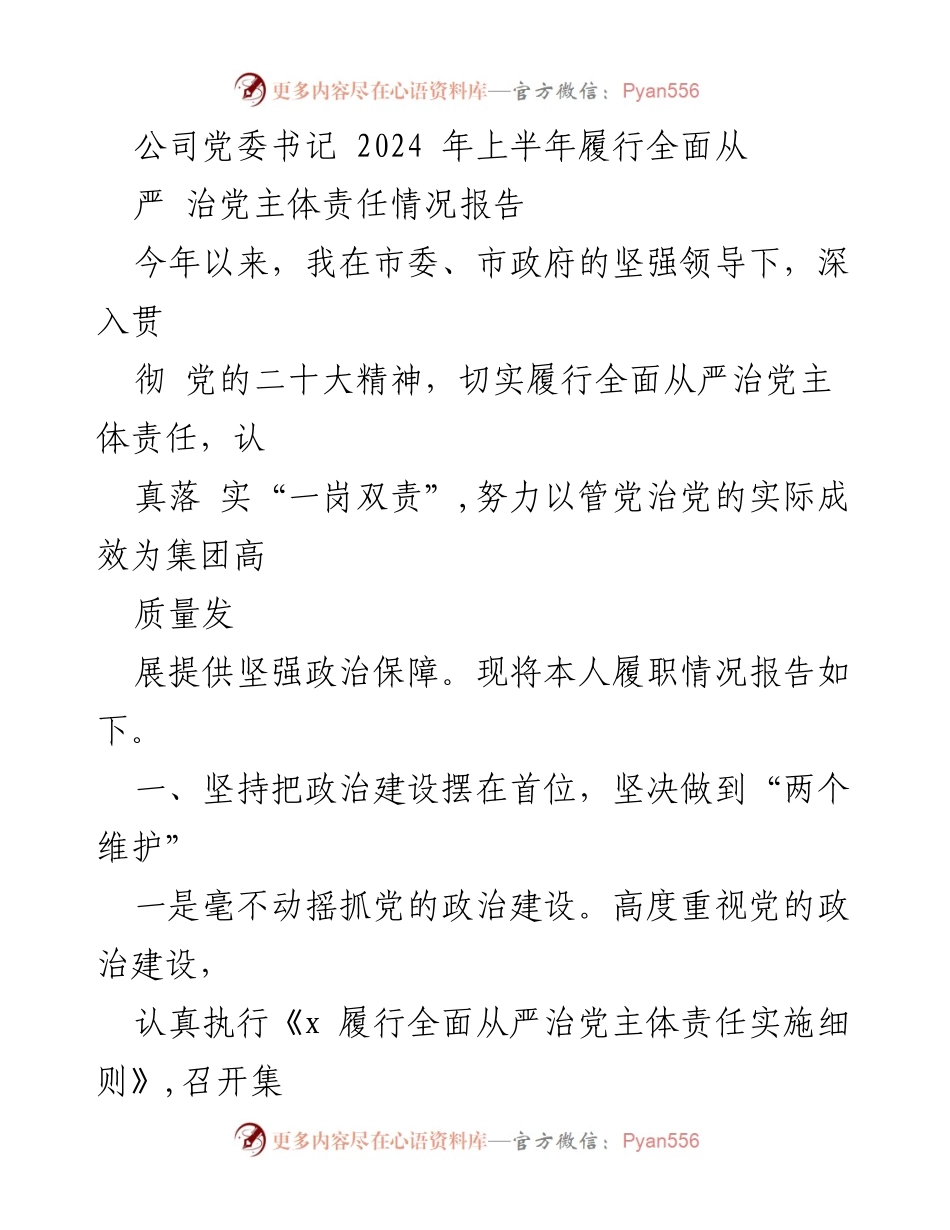 [工作总结] 公司党委书记履行责任 - 2024年上半年全面从严治党主体责任履行情况报告.docx_第1页