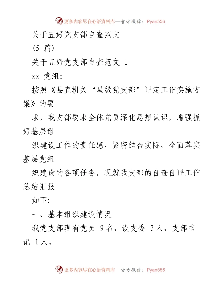 [工作总结] 党支部自查 - 五好党支部自查工作总结报告.docx_第1页