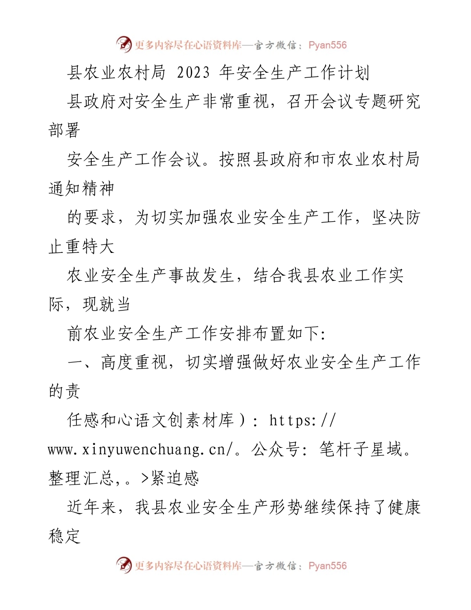 [工作总结] 农业安全生产工作会议 - 2023年县农业农村局安全生产工作计划.docx_第1页