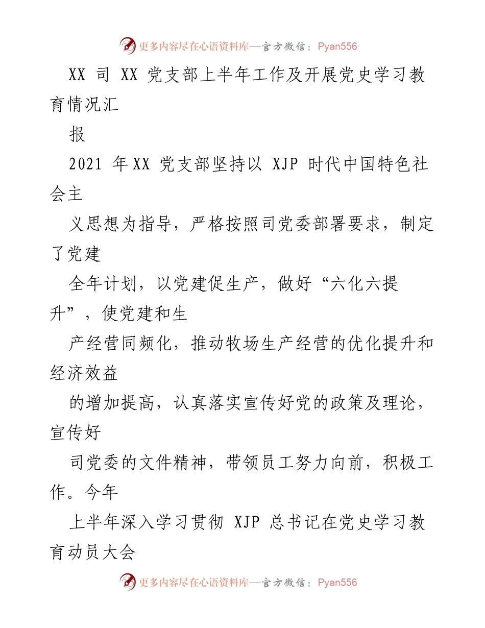[工作总结] 党支部 - 上半年党支部工作及党史学习教育情况汇报.docx_第1页