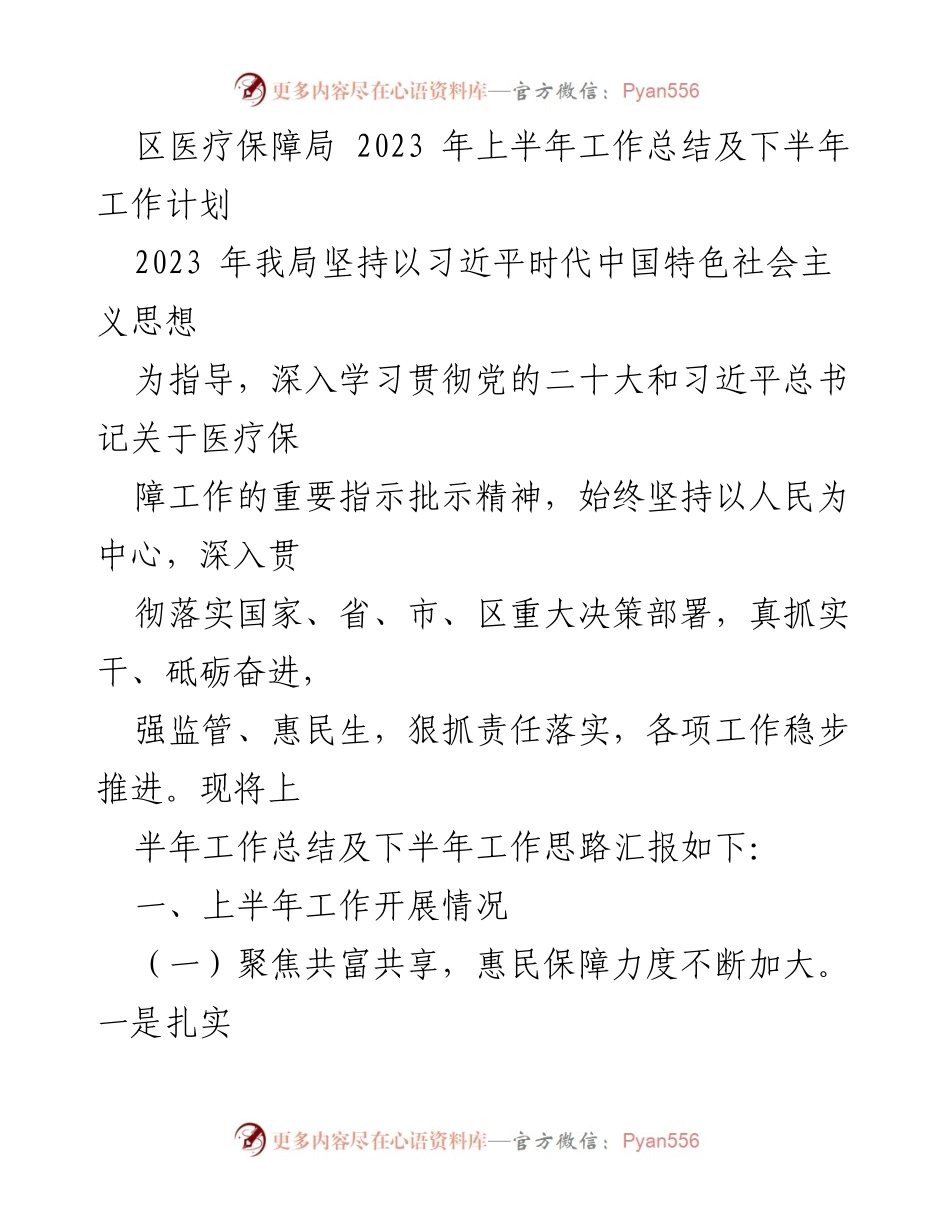 [工作总结] 区医疗保障局 - 2023年上半年工作总结及下半年工作计划.docx_第1页