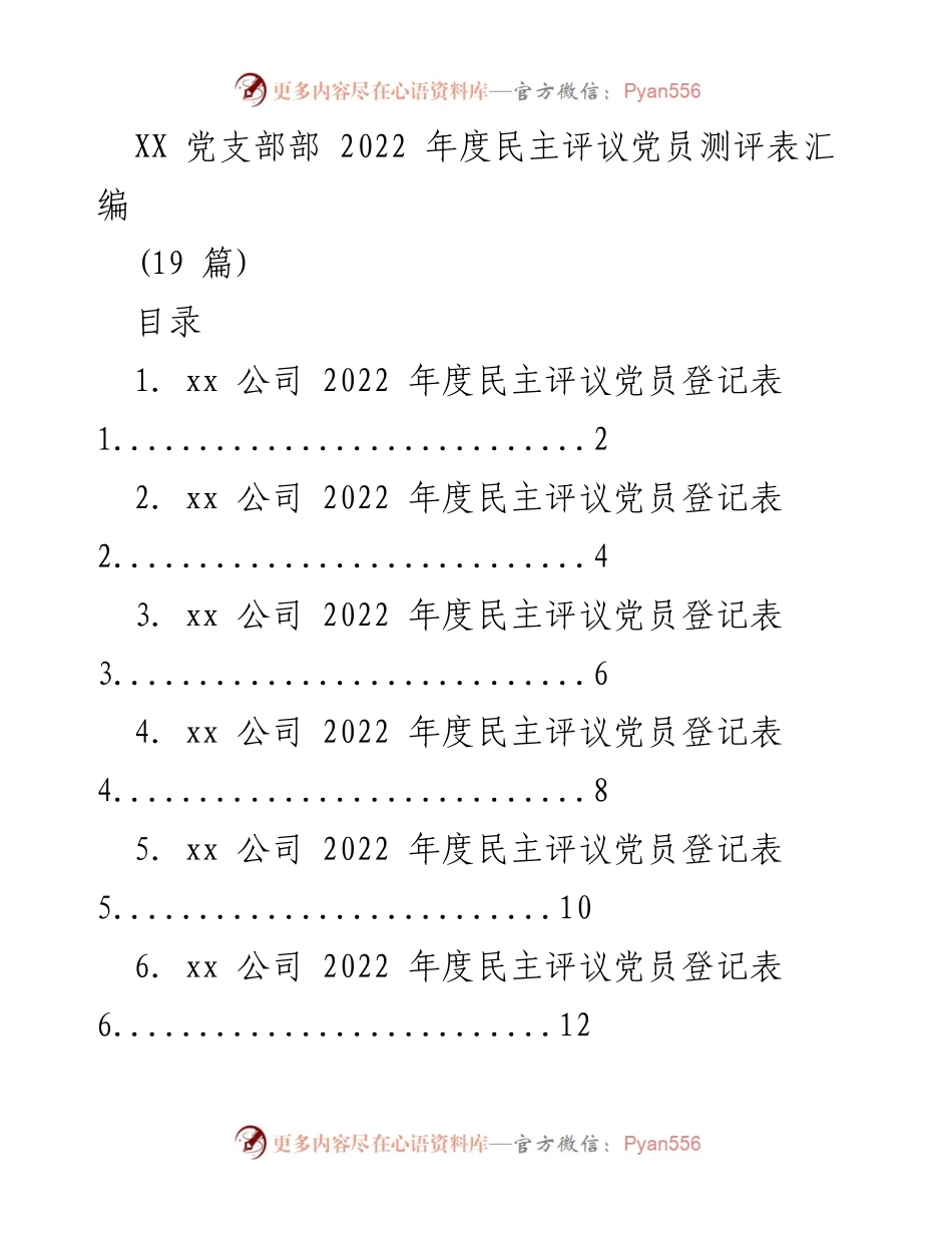 [工作总结] 党支部年度评议 - 2022年度民主评议党员测评表汇编.docx_第1页