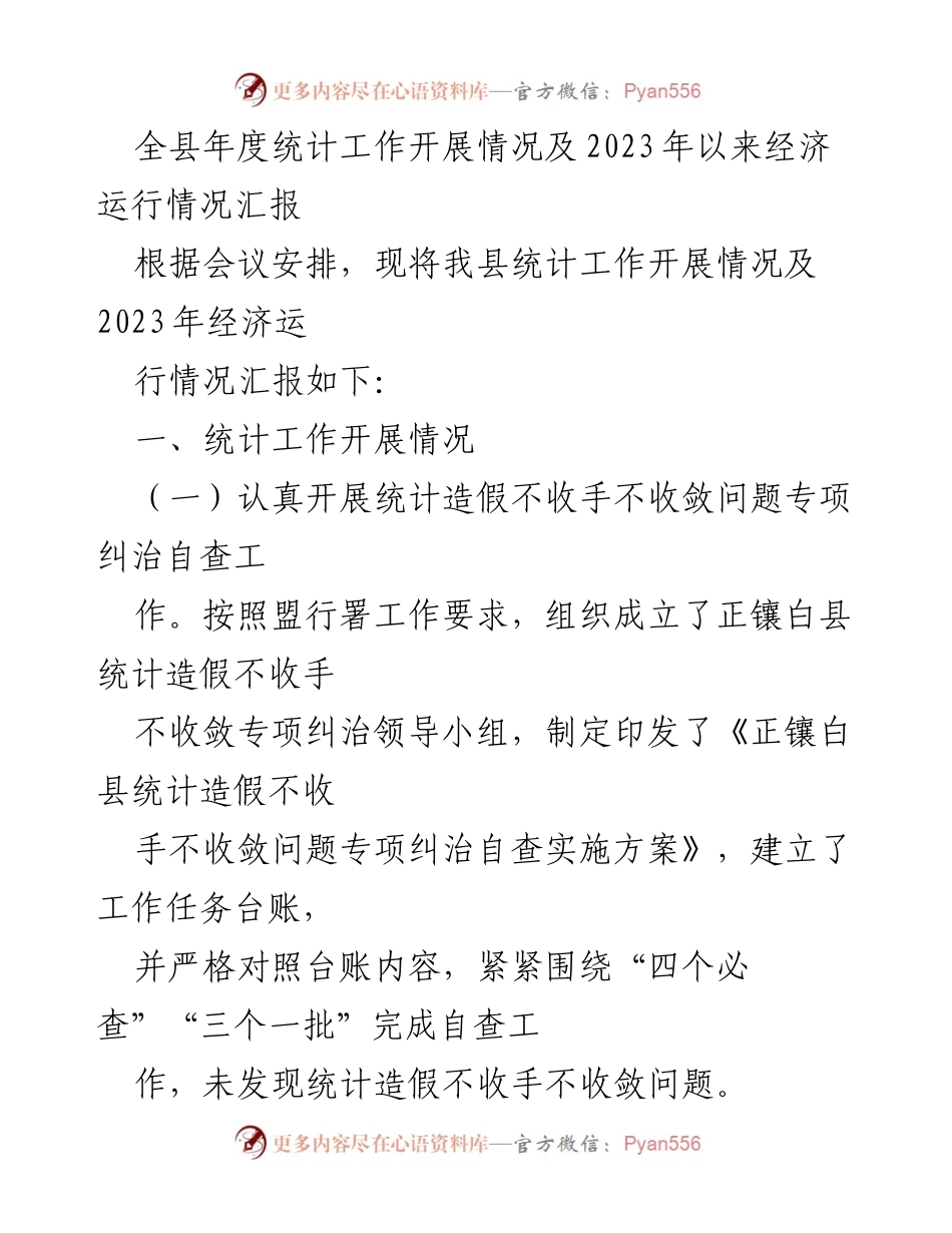 [工作总结] 全县统计工作会议 - 全县年度统计工作及经济运行情况汇报.docx_第1页