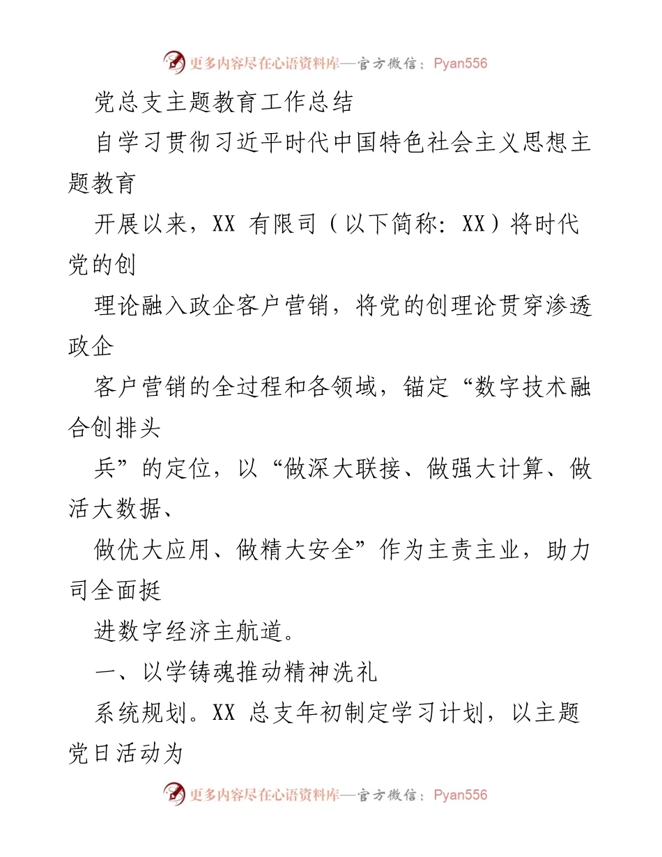 [工作总结] 党总支主题教育 - 以习近平新时代中国特色社会主义思想推动数字经济发展与党员能力提升的工作总结.docx_第1页