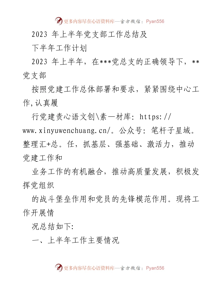 [工作总结] 党支部会议 - 2023年上半年党支部工作总结及下半年工作计划.docx_第1页