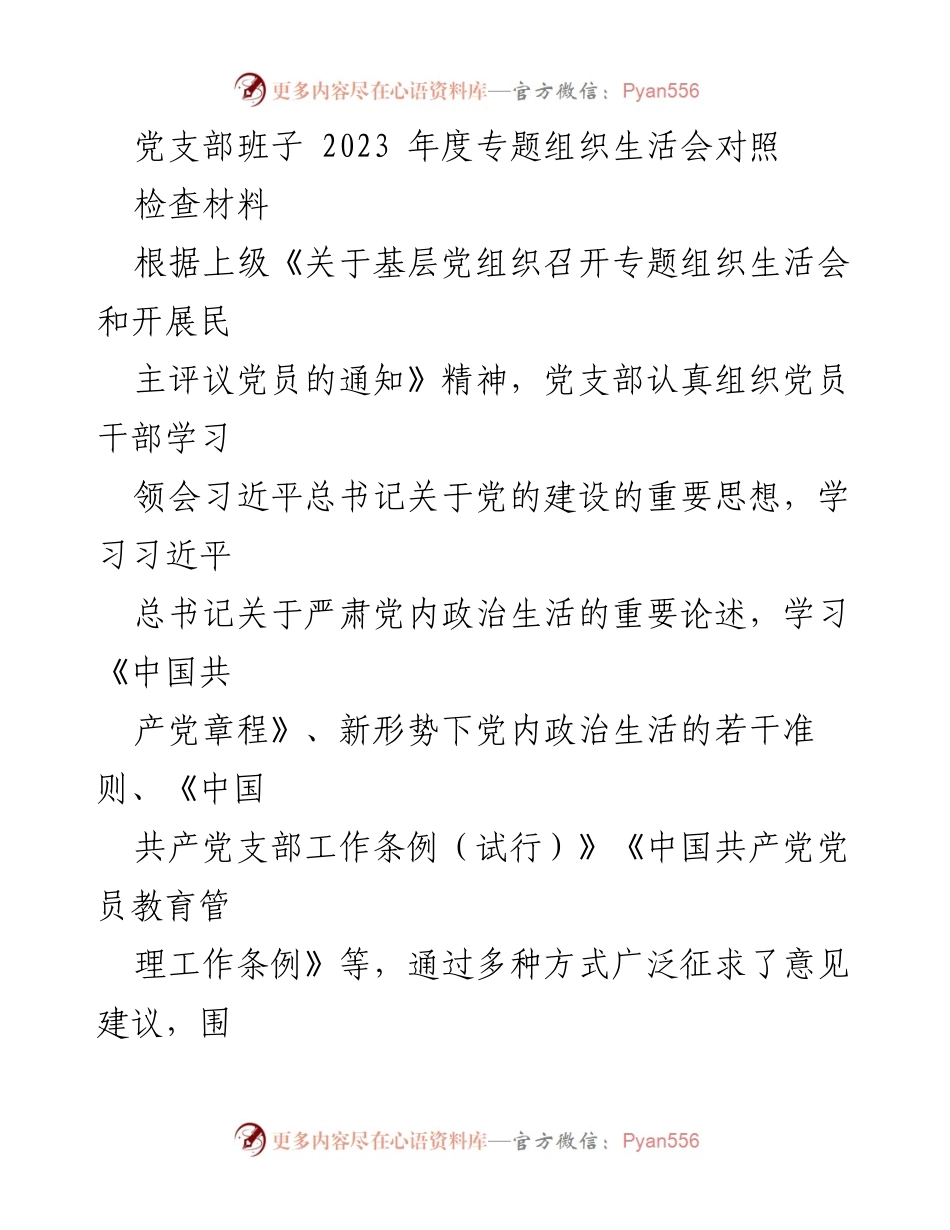 [工作总结] 党支部年度专题组织生活会 - 2023年度党支部专题组织生活会对照检查材料总结.docx_第1页