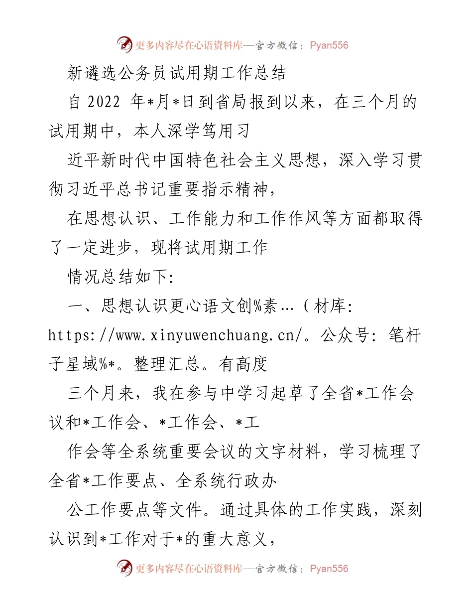 [工作总结] 公务员试用期 - 新遴选公务员试用期工作总结与反思.docx_第1页