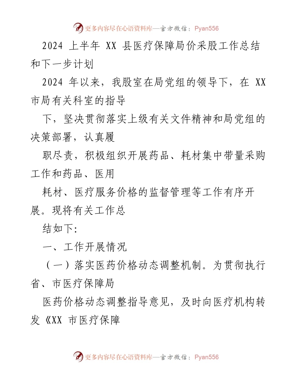 [工作总结] 医疗保障局 - 2024上半年医疗保障局价采股工作总结与计划.docx_第1页