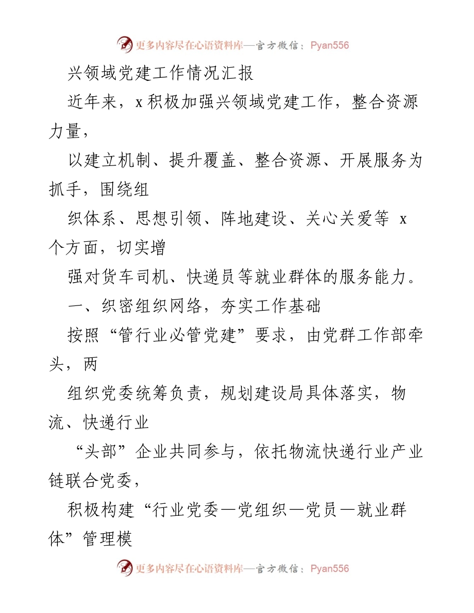 [工作总结] 党建工作汇报 - 加强兴领域党建，提升服务能力与党员归属感.docx_第1页