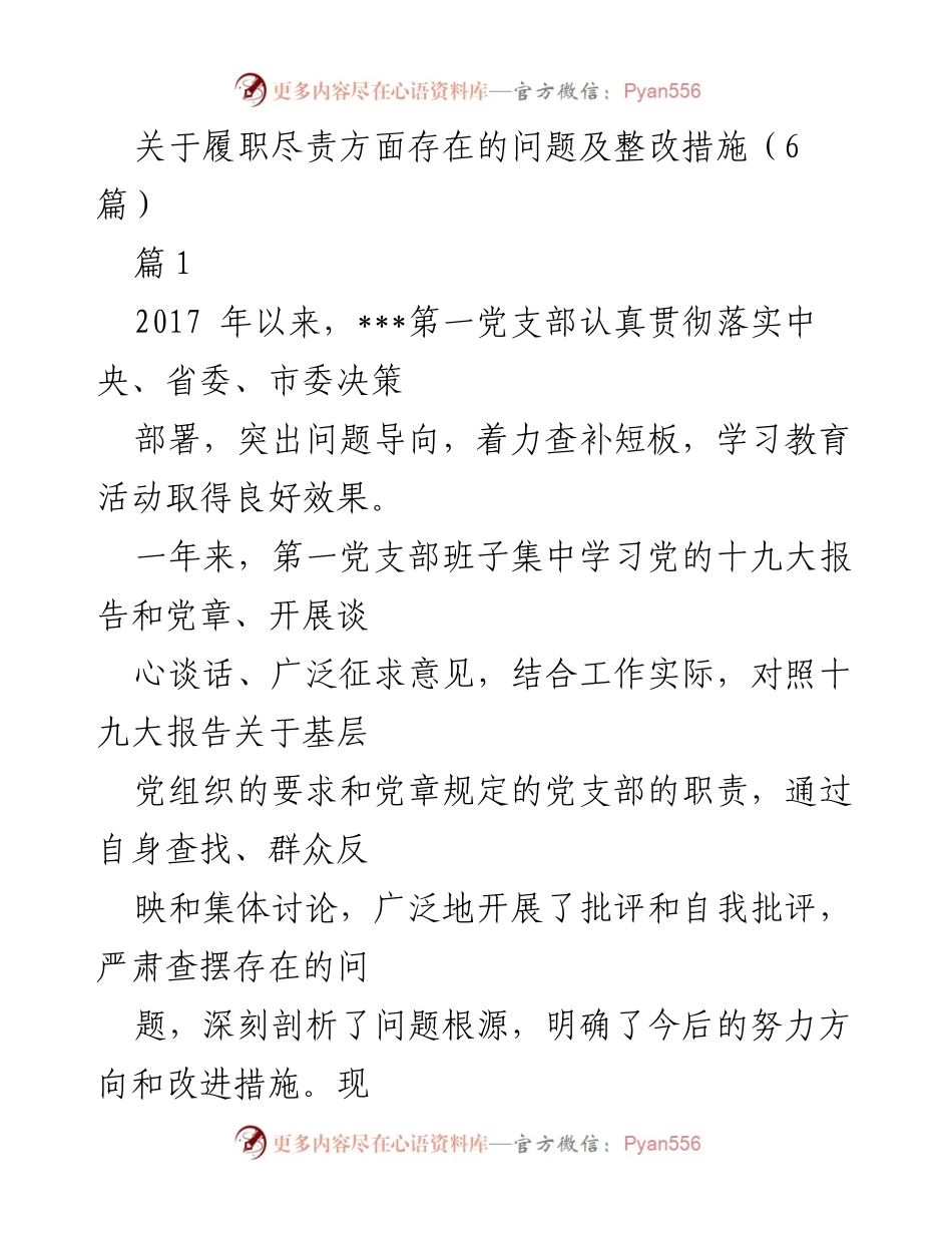 [工作总结] 党支部履职尽责 - 关于第一党支部履职尽责问题及整改措施的总结报告.docx_第1页