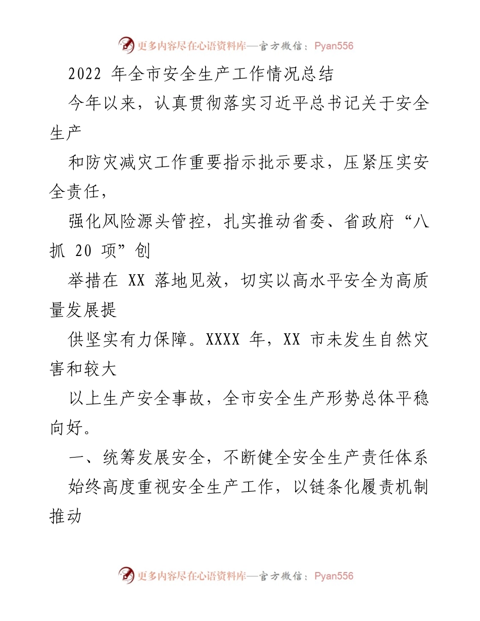 [工作总结] 全市安全生产工作 - 2022年全市安全生产工作情况总结.docx_第1页
