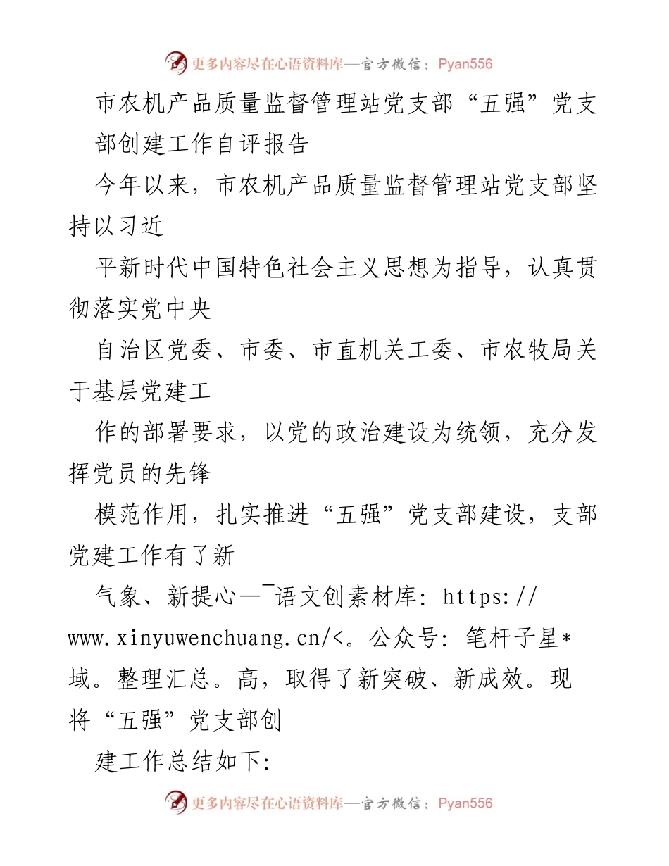 [工作总结] 党支部建设 - 市农机产品质量监督管理站党支部“五强”创建工作自评报告.docx_第1页
