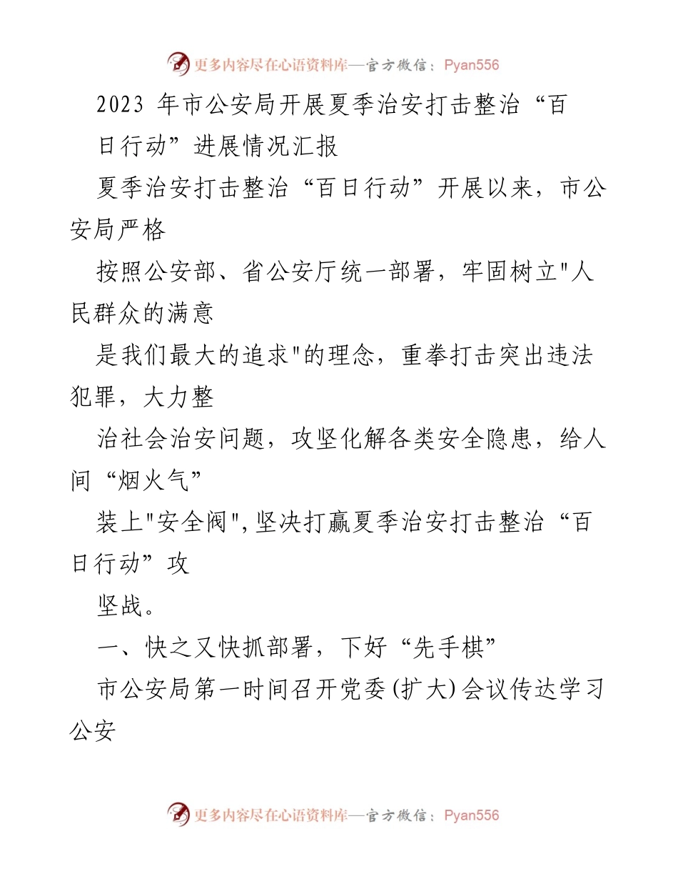 [工作总结] 公安局 - 2023年夏季治安打击整治“百日行动”进展情况汇报.docx_第1页