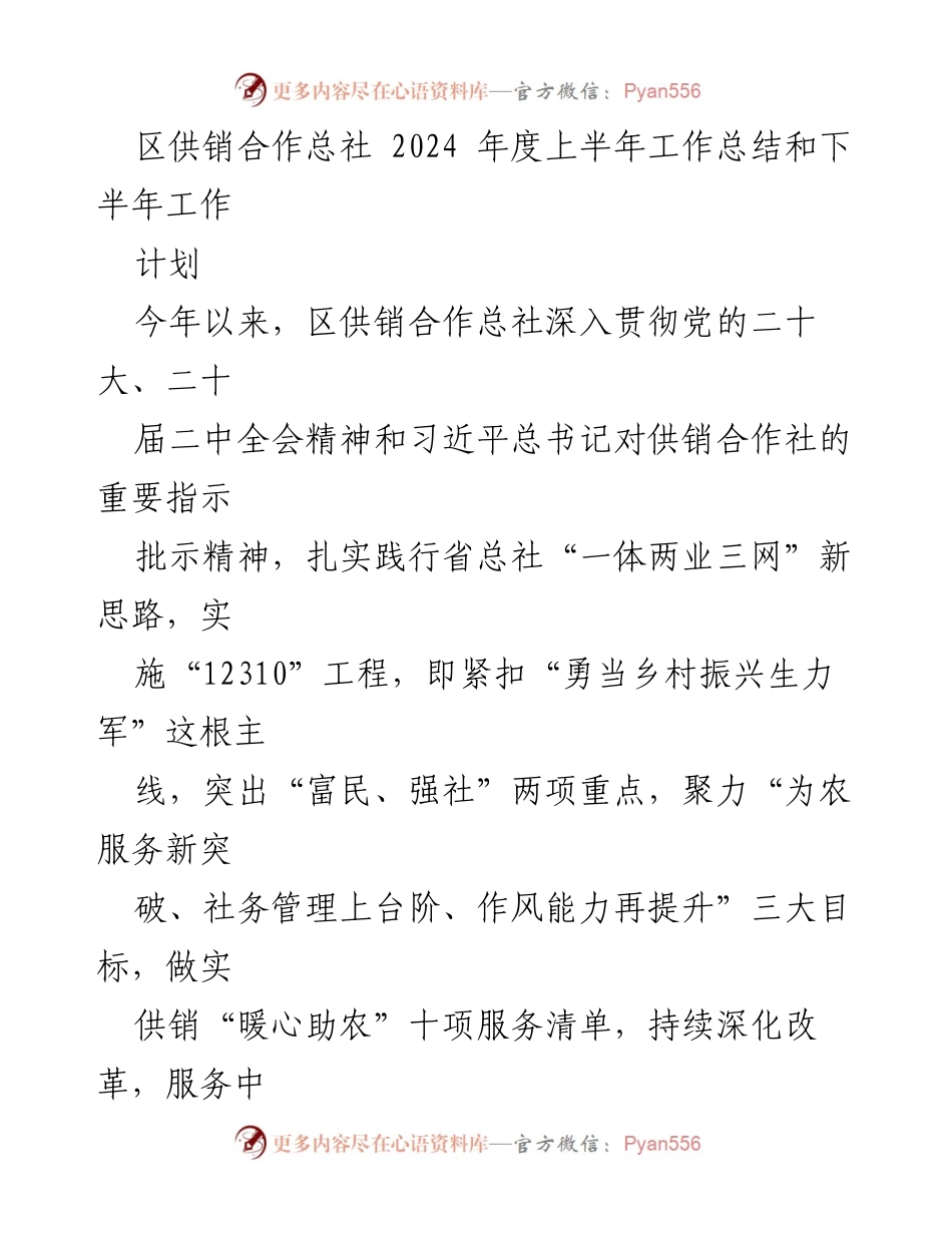 [工作总结] 区供销合作总社 - 2024年度上半年工作总结与下半年计划.docx_第1页