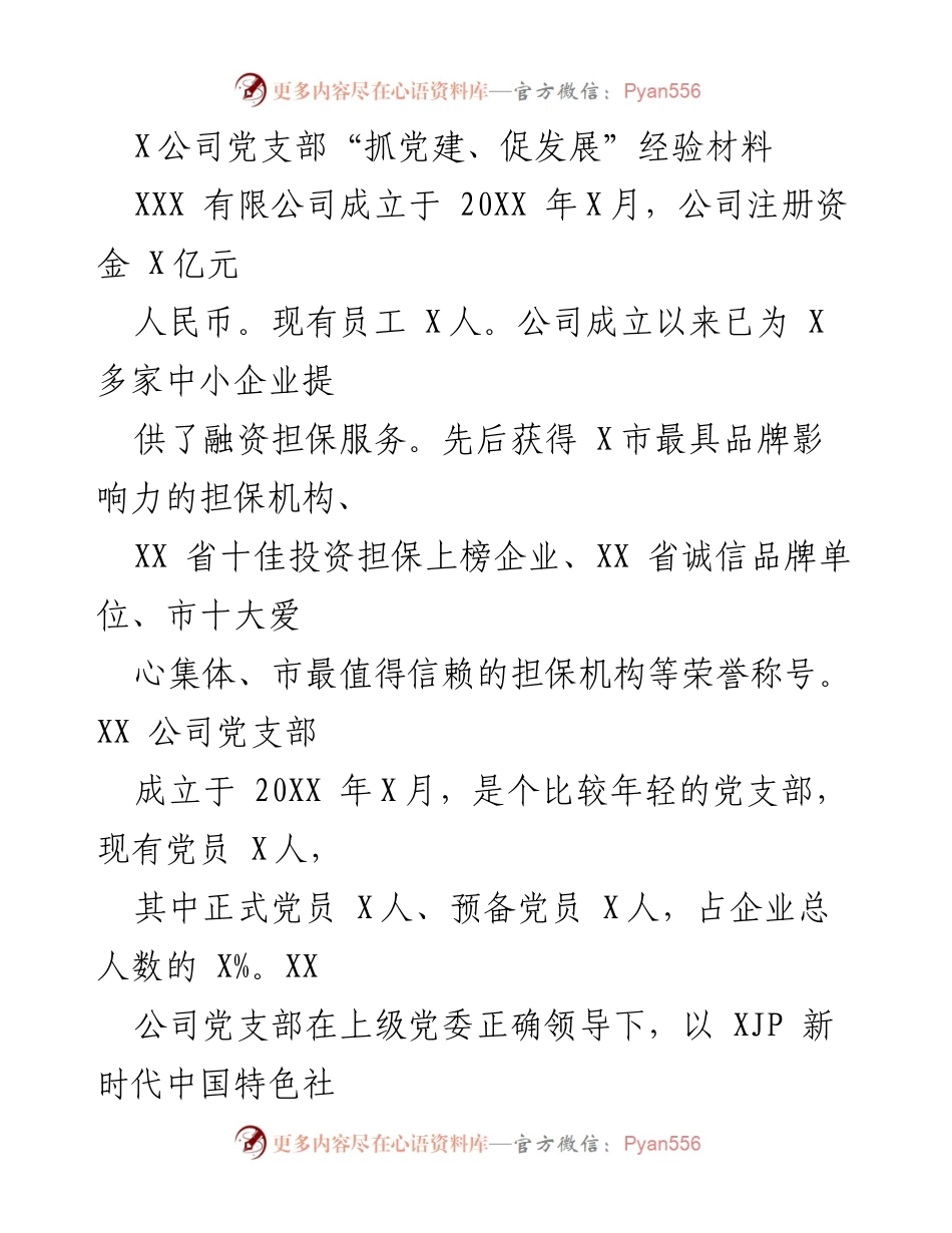 [工作总结] 党支部活动 - XX公司党支部“抓党建、促发展”经验总结.docx_第1页