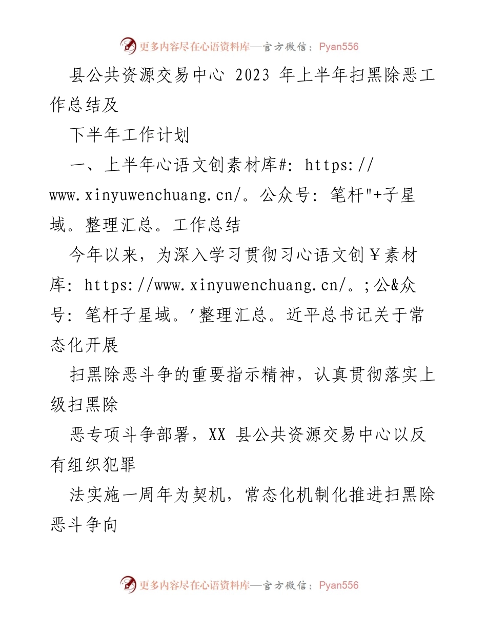 [工作总结] 公共资源交易中心 - 2023年上半年扫黑除恶工作总结与下半年计划.docx_第1页