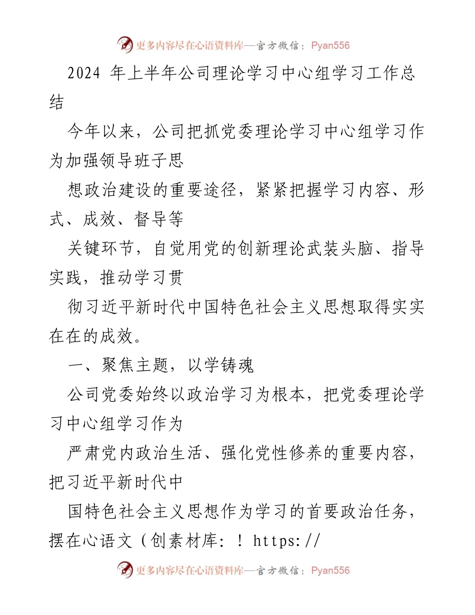 [工作总结] 公司党委理论学习中心组 - 2024年上半年理论学习工作总结.docx_第1页