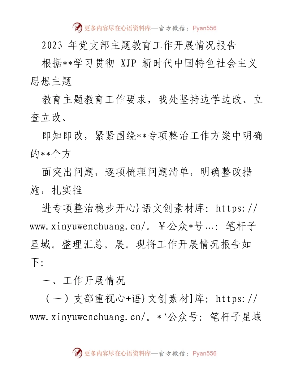 [工作总结] 党支部主题教育 - 2023年党支部主题教育工作开展情况报告_1.docx_第1页