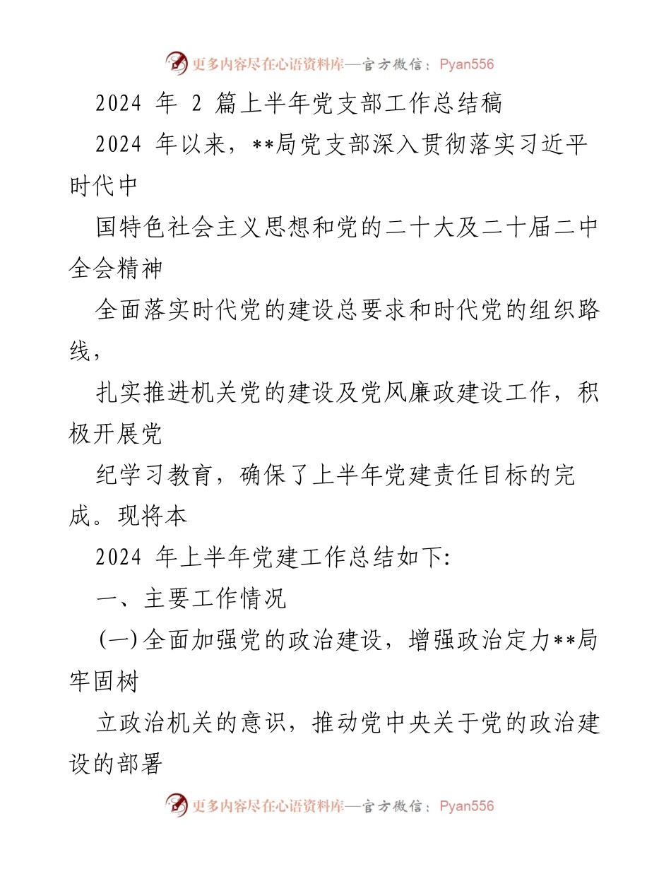 [工作总结] 党支部 - 2024年上半年党支部工作总结报告.docx_第1页