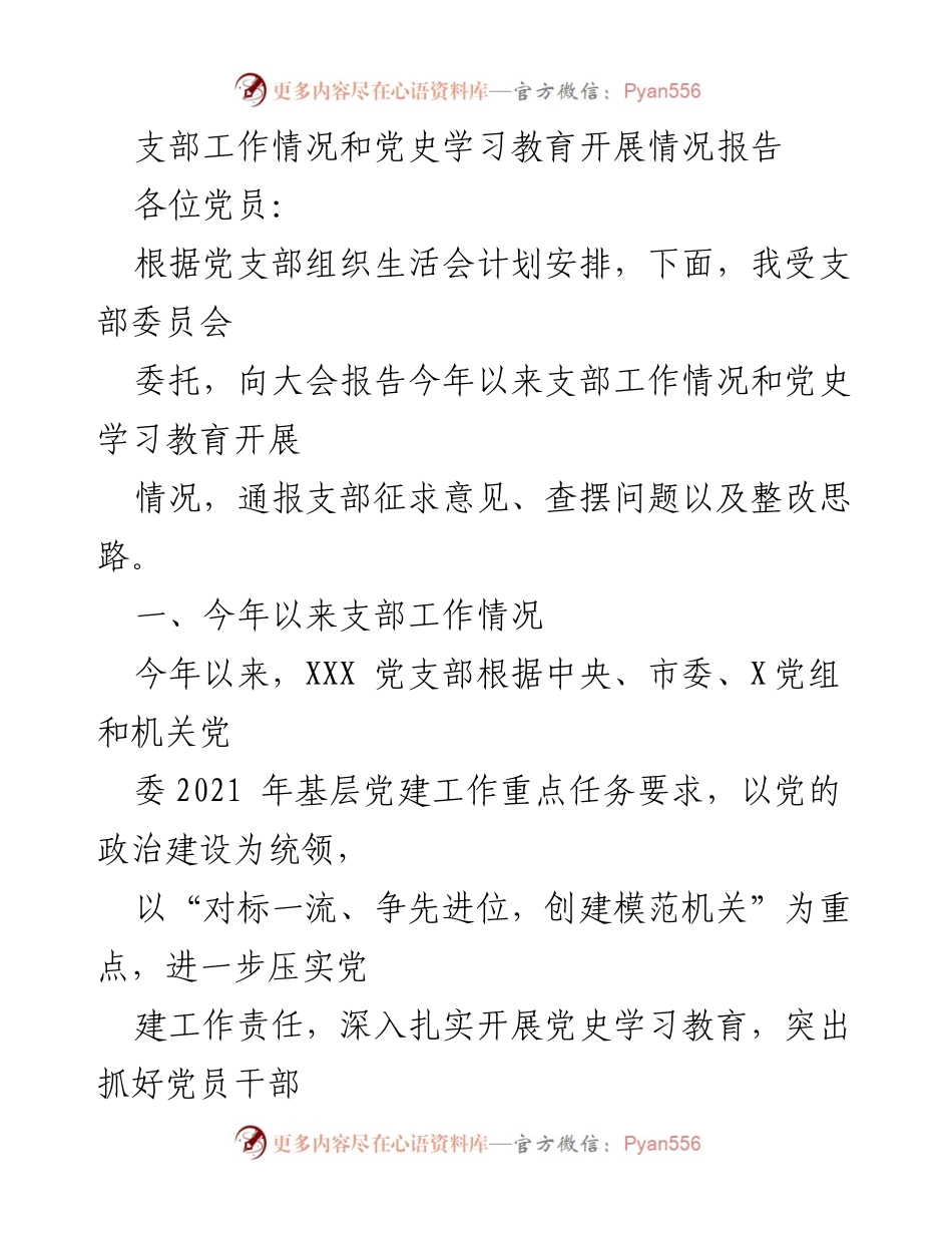 [工作总结] 党支部年度工作会议 - 党支部工作和党史学习教育开展情况报告.docx_第1页