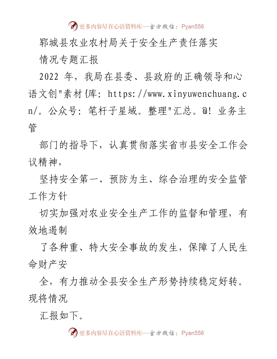 [工作总结] 农业安全生产 - 郓城县农业农村局安全生产责任落实情况汇报.docx_第1页