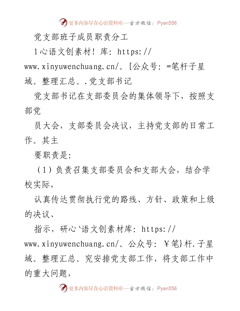 [工作总结] 党支部工作 - 党支部班子成员职责分工概述.docx_第1页
