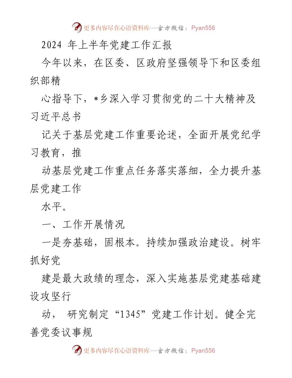 [工作总结] 党建工作汇报 - 2024年上半年党建工作落实与成效总结.docx_第1页