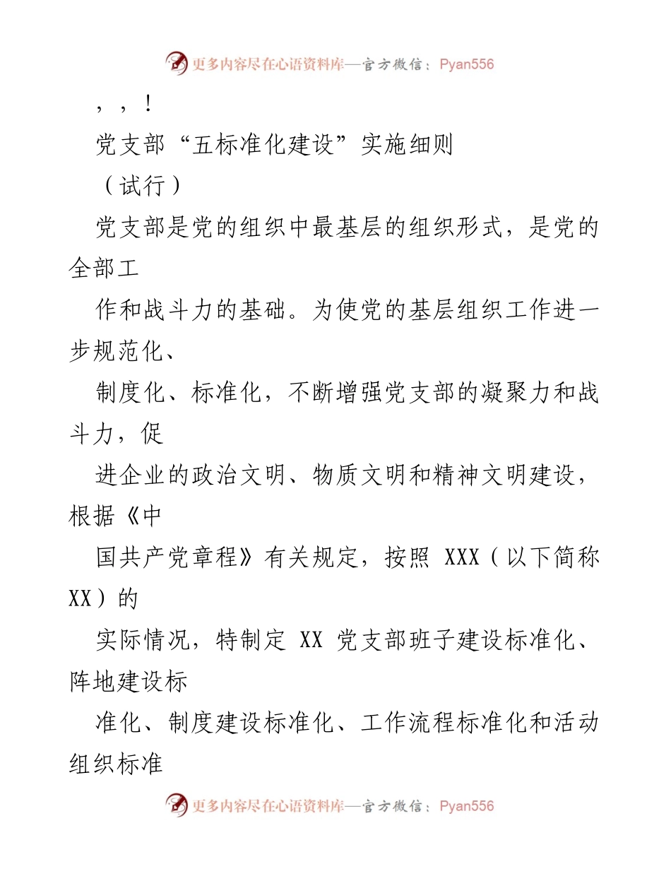 [工作总结] 党支部“五标准化建设”实施细则（试行）.docx_第1页