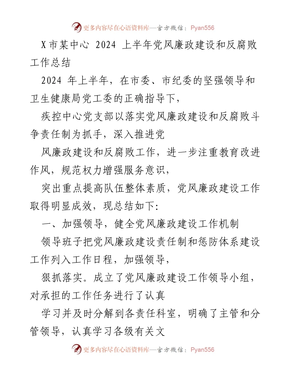 [工作总结] 党风廉政建设 - 2024年上半年X市某中心党风廉政建设和反腐败工作总结.docx_第1页