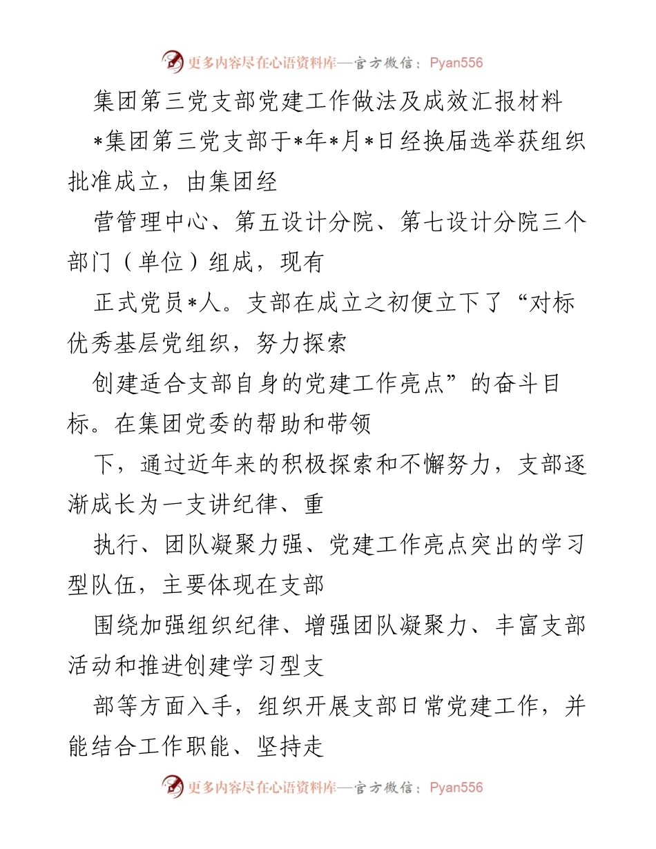 [工作总结] 党建工作汇报 - 集团第三党支部党建工作成效及经验分享.docx_第1页