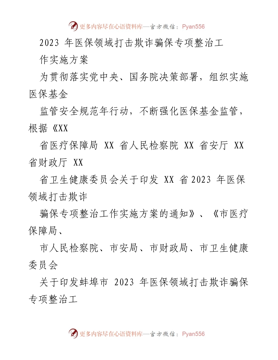 [工作总结] 医保领域 - 2023年医保领域打击欺诈骗保专项整治工作实施方案总结.docx_第1页