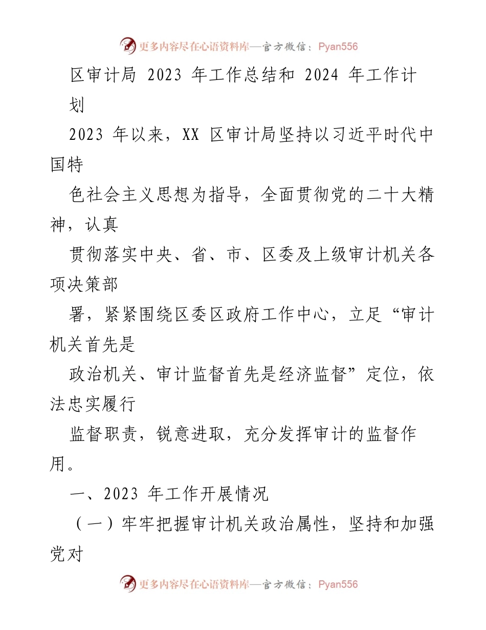 [工作总结] 区审计局 - 2023年工作总结与2024年工作计划概述.docx_第1页