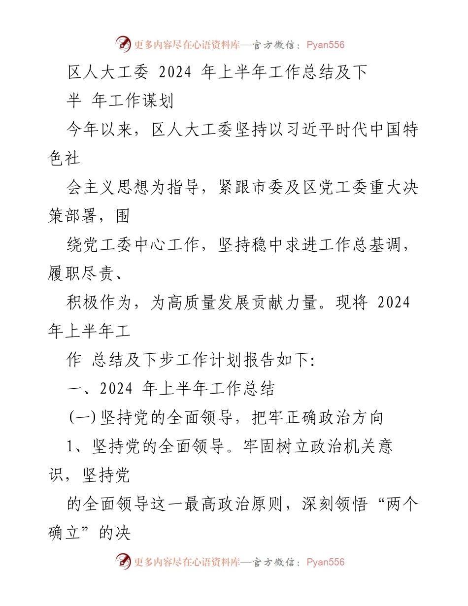 [工作总结] 区人大工委 - 2024年上半年工作总结及下半年工作谋划.docx_第1页
