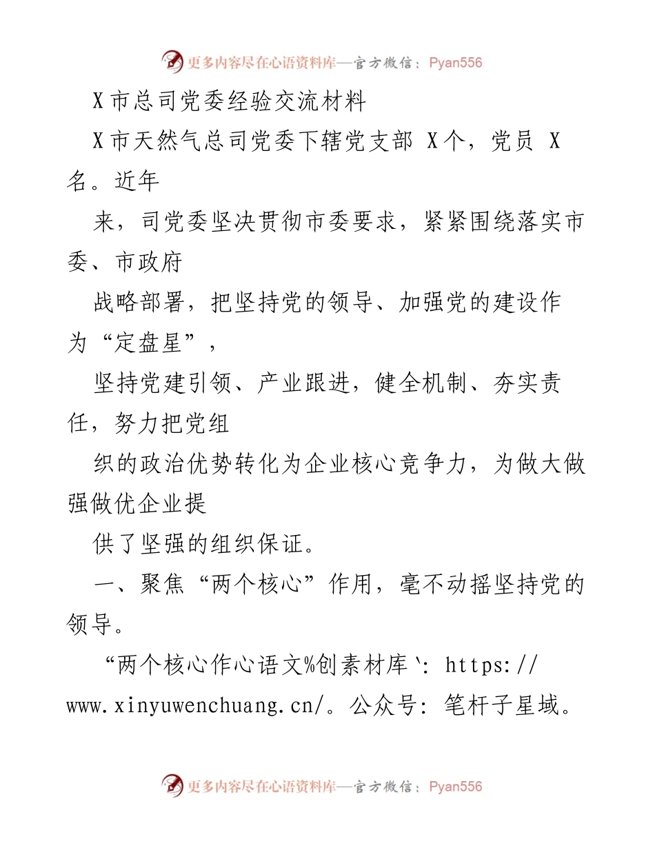 [工作总结] 党建工作经验交流 - X市天然气总司党委党建工作经验总结.docx_第1页