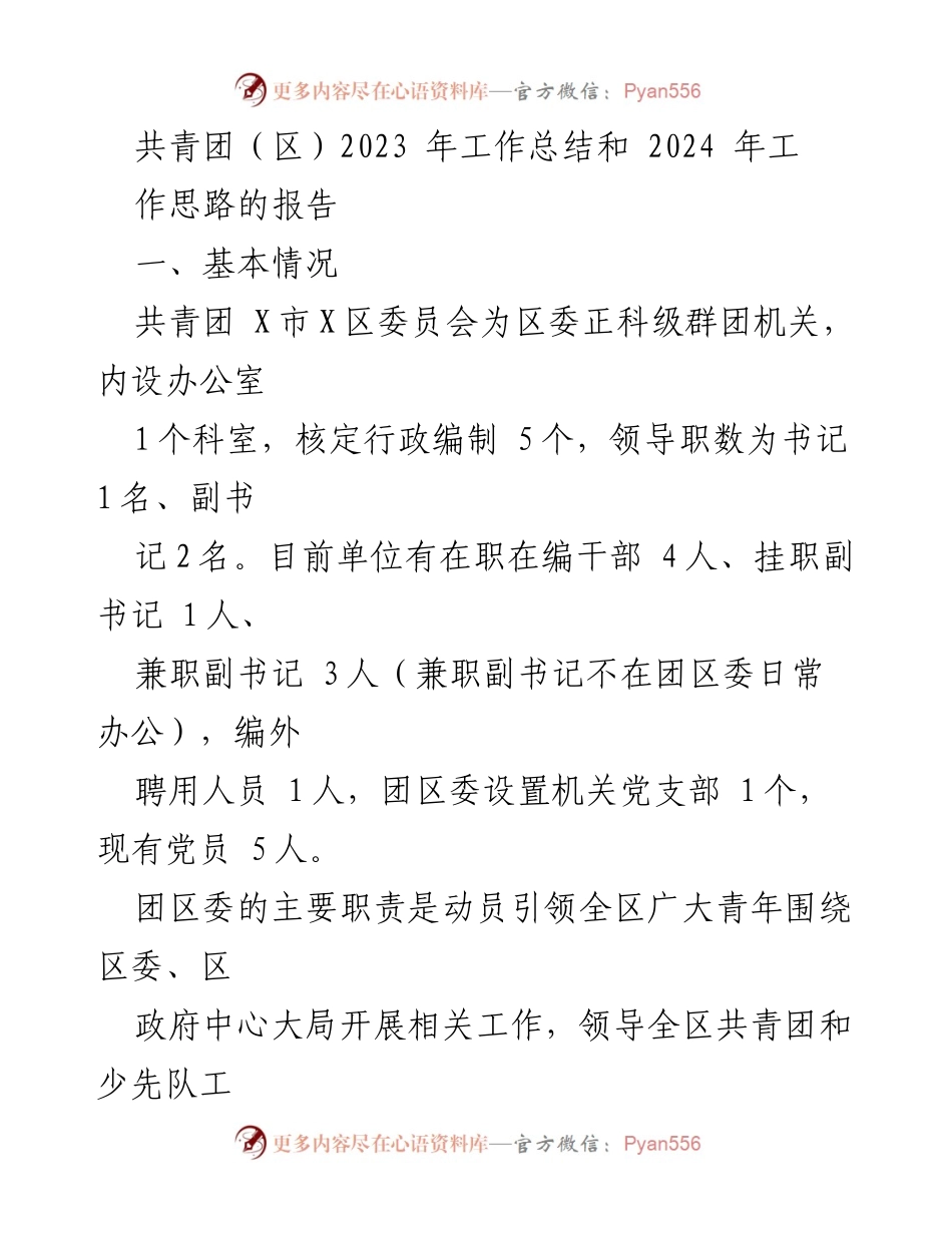 [工作总结] 共青团工作会议 - 共青团X区2023年工作总结与2024年工作思路报告.docx_第1页