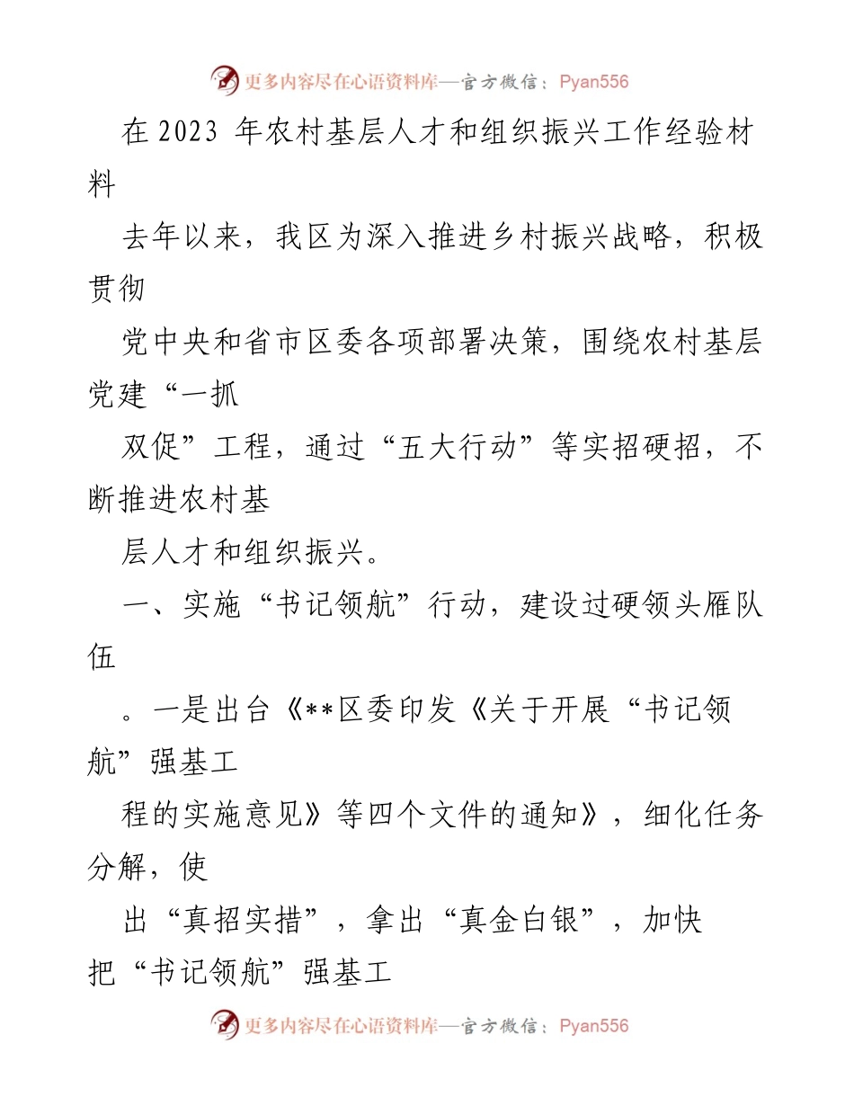 [工作总结] 农村基层人才和组织振兴 - 2023年农村基层党建与人才振兴工作经验总结.docx_第1页