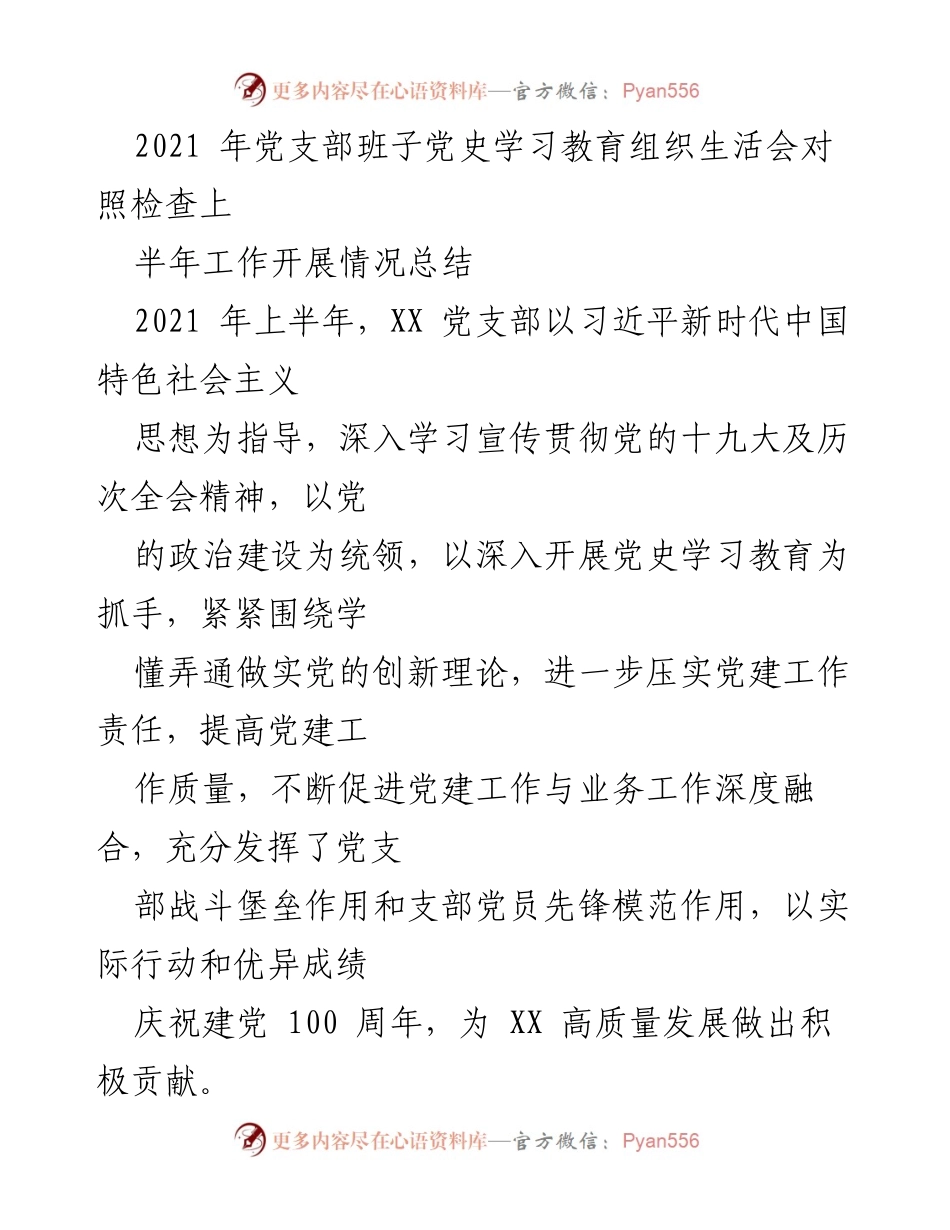 [工作总结] 党支部 - 2021年上半年党支部工作开展情况总结及对照检查.docx_第1页